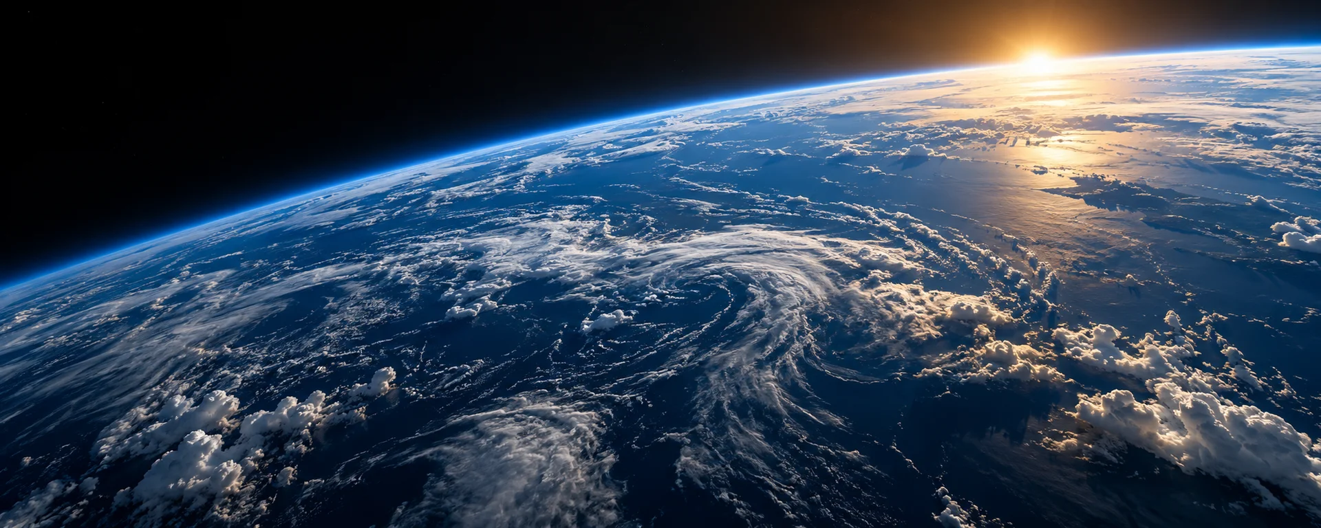 Earth’s curved horizon and a distant sunrise from orbit